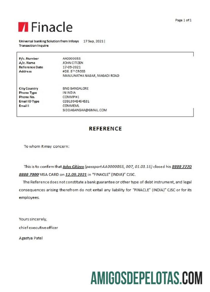 Referência de fechamento do Finacle Bank da Índia exemplo